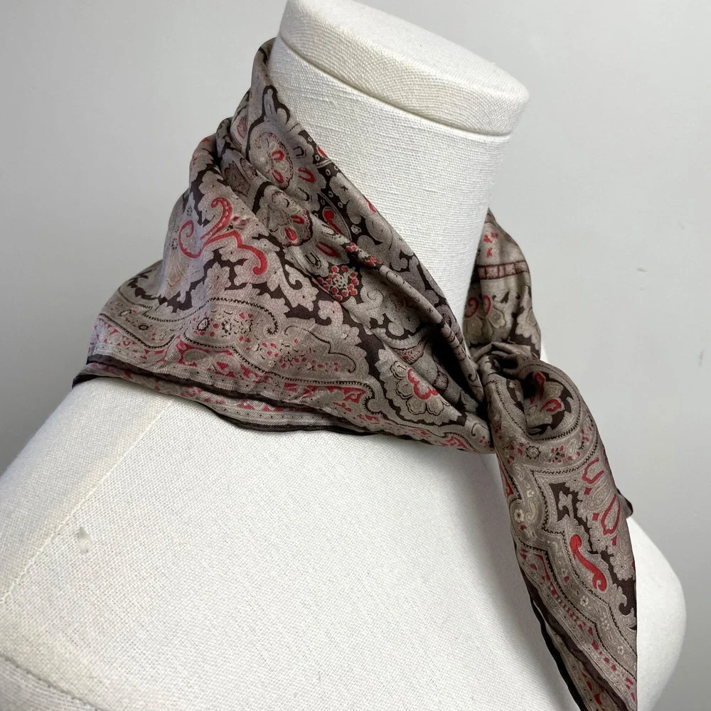 Vintage Silk Square Scarf Italy Hand Rolled Paisley Brown Preppy Old Money